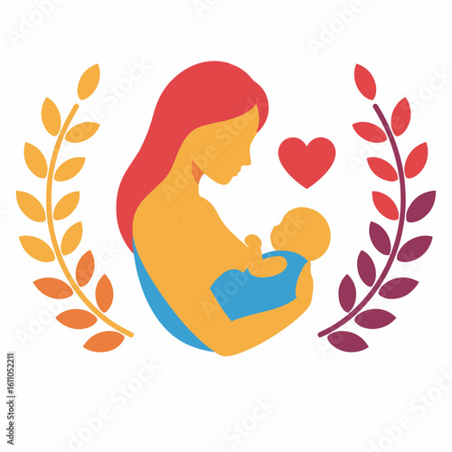Loving Mother Breastfeeding Baby, Heart and Laurel Wreath Symbol, Isolated White Background.