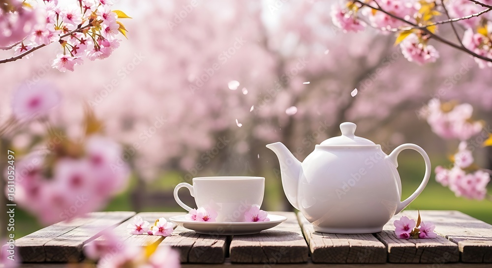 Fototapeta premium Tea set with teapot and cherry blossoms