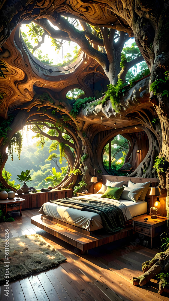 Obraz premium An ultra-luxurious living room and bedroom interior seamlessly fused with nature through elegant, tree-inspired design
