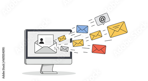 Computer screen emitting emails envelopes flying out towards the right