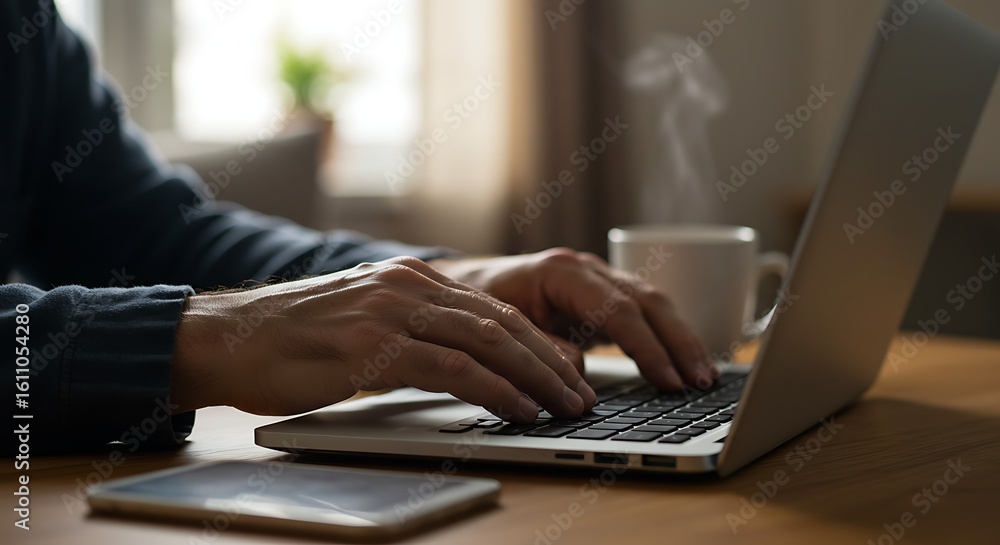 Man typing on laptop with coffee and tablet on desk Man typing on laptop with coffee and tablet on desk