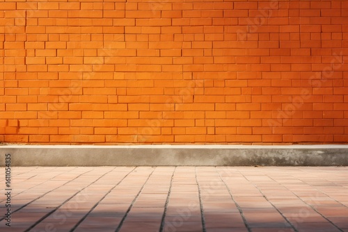 Empty urban setting with orange brick wall, concrete curb and tile floor creating a simple yet vibrant background