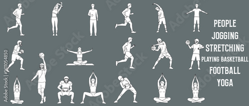 Architectural Drawings people jogging, stretching, playing basketball, football, or yoga vector illustration, side view, human person Minimal style hand drawn. Sections, Elevations, Floor Plans