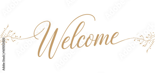 Welcome script in golden cursive with decorative floral flourishes on white background, perfect for invitations, greetings, and branding visuals