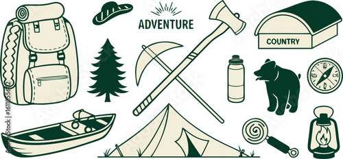 Outdoor Adventure Gear Collection With Forest Elements backpack tree
