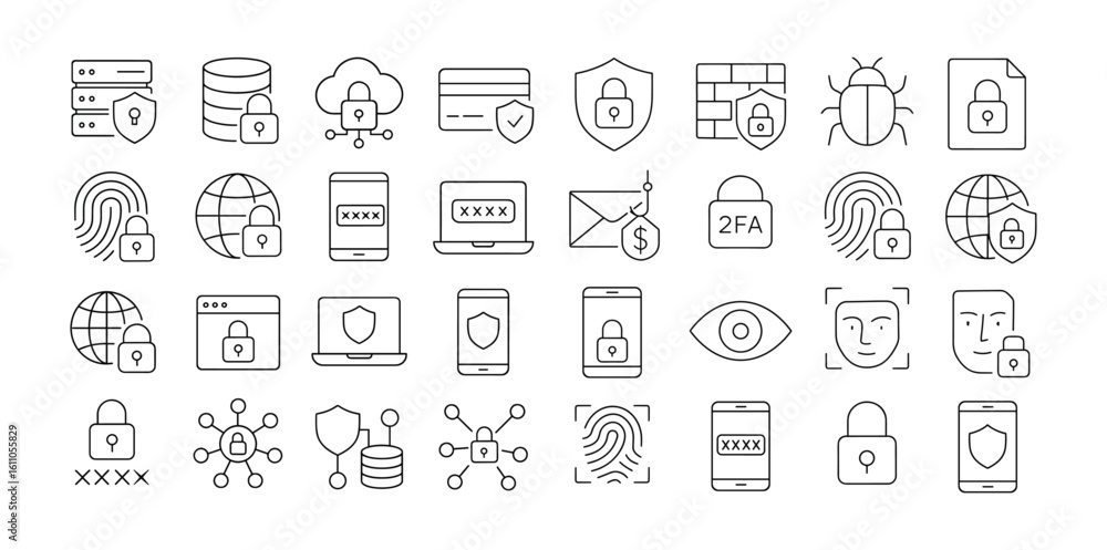 Advanced Cybersecurity and Data Protection Line Icons Set - Database, Cloud Security, Biometrics, and Network Firewall Symbols