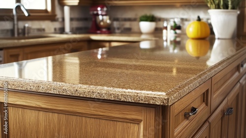 Rustic oak cabinets and countertops on display in a warm kitchen