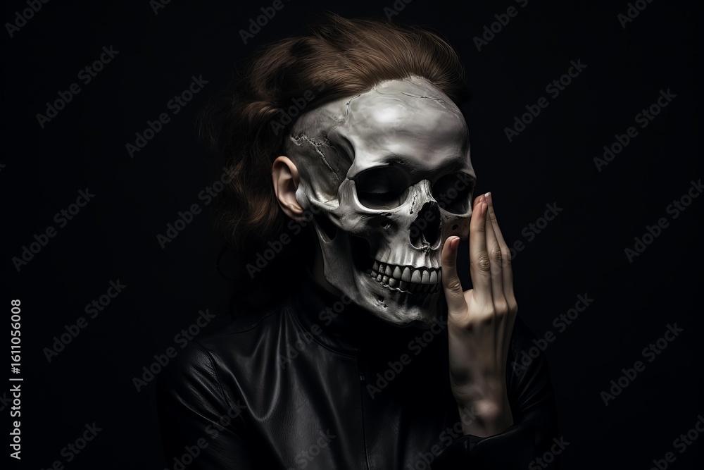 Person in dark setting with a realistic skull mask Person in dark setting with a realistic skull mask