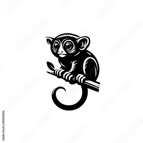 Tarsier clinging to a branch, isolated on white