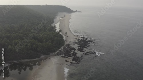 Aerial View of Goa Beach with Coconut Trees, Crashing Waves and Coastline