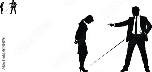 Business conflict in office, man pointing finger at woman, authority pressure, workplace tension, professional reprimand, leadership dispute, corporate scene