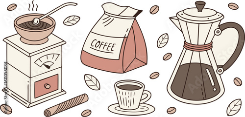 Coffee preparation and enjoyment with grinder moka pot and cup vector