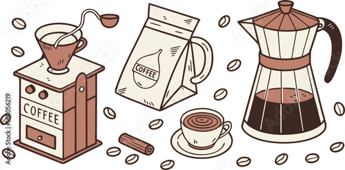 Coffee preparation objects and ingredients grinder saucer