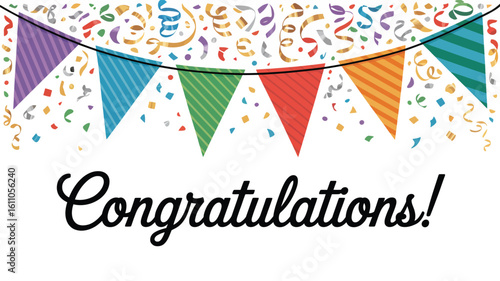 Colorful congratulations banner with vibrant confetti and rainbow flags, perfect for celebrations, parties, milestones, and happy events