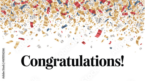Bold congratulations text with confetti explosion in metallic hues, ideal for celebrating achievements, milestones, and festive occasions