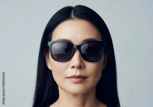Wallpaper Mural A woman with black sunglasses on her face. The woman's face is the main focus of the image, and the sunglasses add a sense of mystery and intrigue to the scene Torontodigital.ca