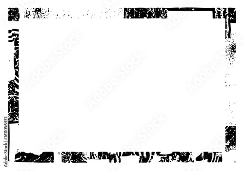 Vector Distressed rectangular frame with rough edges and scattered elements.