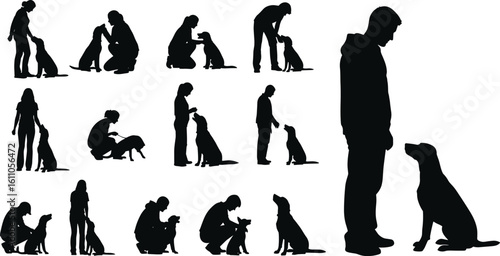 Dog training silhouette set, pet obedience practice, human interaction with canine, behavior guidance, bonding moments, leash control, animal care concept