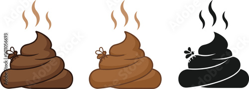 Funny cartoon poop emoji with flies and steam, brown and black variations, smelly waste concept, humorous toilet design, vector illustration