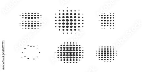 A collection of six abstract geometric designs formed by arrangements of black dots on white