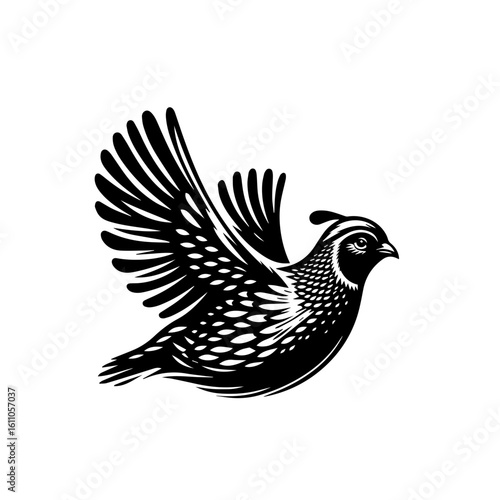 A black silhouette of a quail in flight