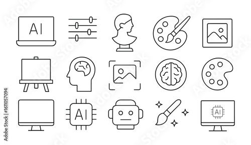 Artificial Intelligence and Creative Tools Line Icons Set - AI Brain, Robot, Art Palette, and Digital Design Symbols