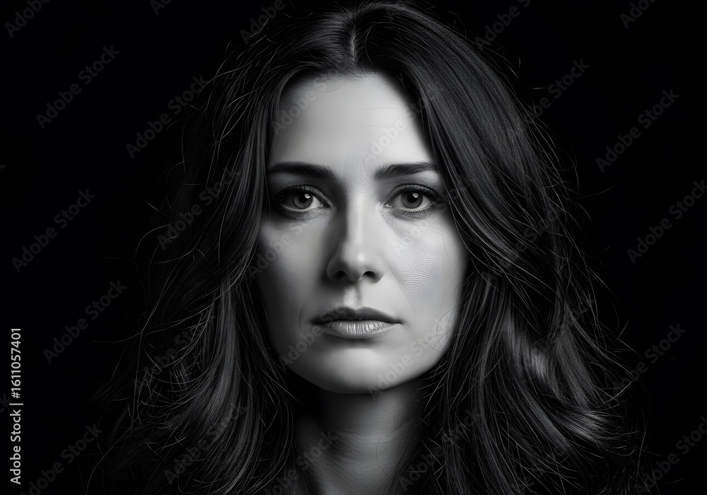 Fototapeta premium A woman's face is shown in a black and white photo with a black background. The photo is of a woman with long hair and a black and white filter