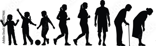 Human life stages silhouette, crawling baby to elderly in wheelchair, aging timeline, generational transition, health development, educational illustration, black design