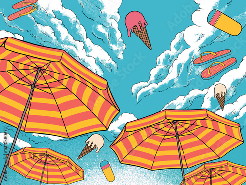Fotografie Colorful umbrellas dot the sandy beach under a sunny sky, evoking a perfect summ