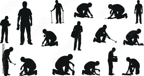 Silhouette of construction workers performing tasks, teamwork concept, labor industry, tool usage, hard work effort, industrial profession, maintenance activity