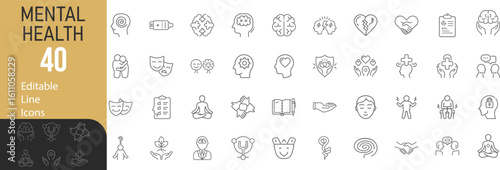 Collection Of Modern Editable Thin Line Style Mental Health Related Medical Icons Set Components Of A Healthy Lifestyle And Mental Balance, Pictograms And Infographics On An Isolated Background