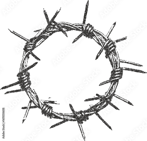 Wire barbed vintage y2k stipple art, steel halftone stipple brutalist retro vector png with transparent background, razor 2000s aesthetic photocopy effect tattoo