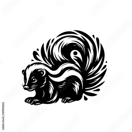 Skunk with a bushy tail in nature