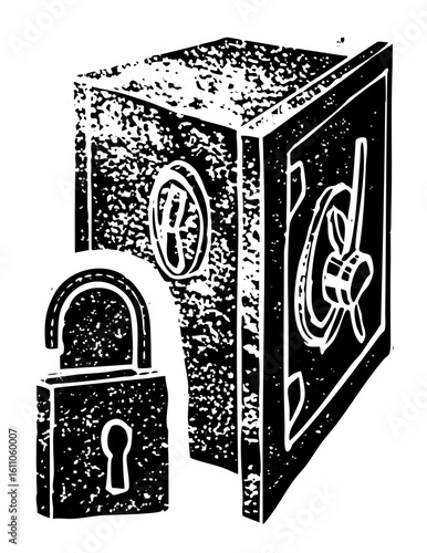 Vector Secure safe with open door and padlock .