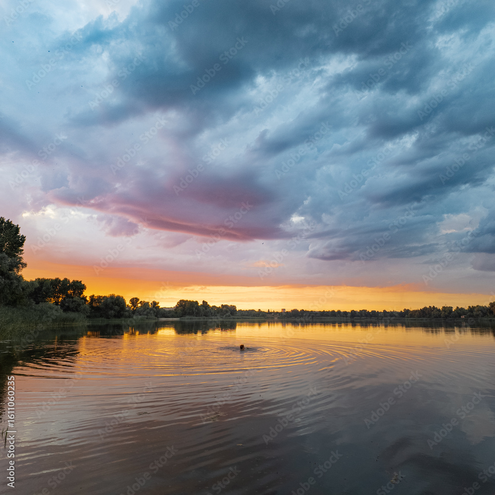 Obraz premium very beautiful sunset with water. summer evening landscape with reflection of clouds in water. setting sun on horizon. summer landscape with lake. reflection of trees in water. sunrise on river