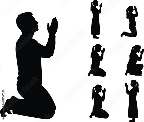 Silhouettes of praying figures, spiritual worship pose, religious devotion illustration, black and white design, meditation and faith practice, isolated scene