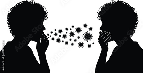Virus transmission silhouette, airborne particle spread, health safety concept, contagious interaction, respiratory droplets illustration, pandemic awareness, public health, infection risk