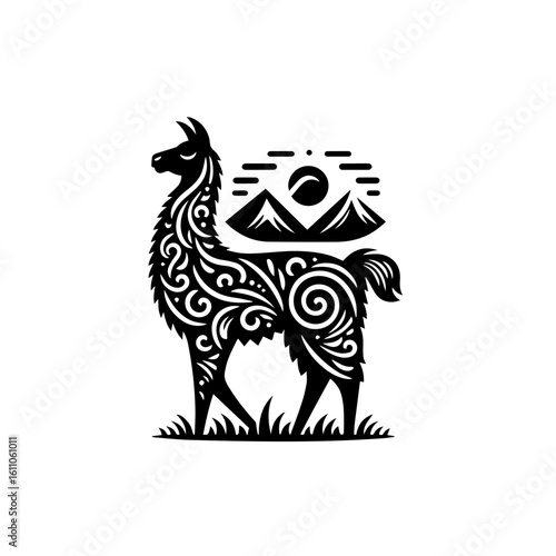 Llama with mountains and sun isolated