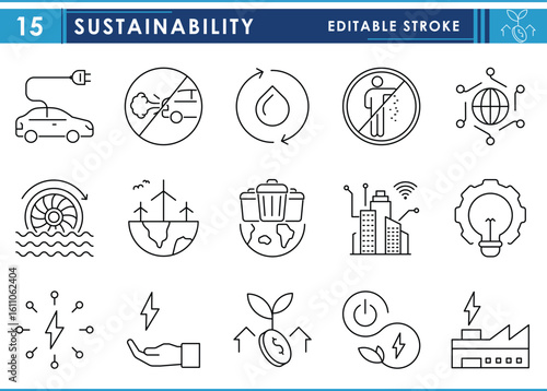 A set of line icons related to Sustainability. Green, energy, hydro power, waste management, smart city, and so on. Vector editable stroke.