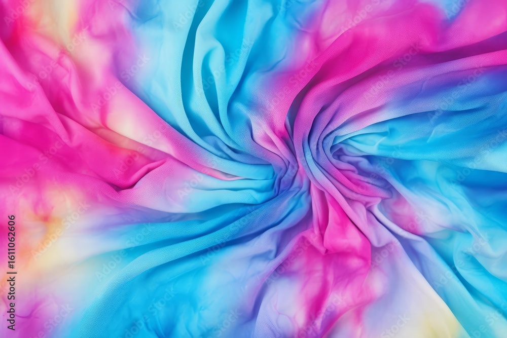 Fototapeta premium Colorful tie dye fabric swirling, creating a vibrant and abstract design with pink, blue, and yellow hues