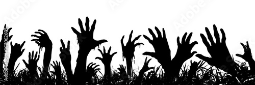 Walking dead and zombie rising up hands silhouettes. Vector isolated border. Decoration elements for halloween design.
