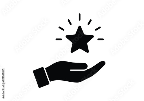 Vector illustration of a black silhouette of a star shining brightly above an open hand, symbolizing achievement and recognition