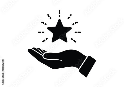 Vector illustration of a black silhouette of a star shining brightly above an open hand, symbolizing achievement and recognition
