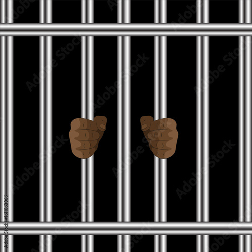 Hands gripping jail bars, intense concept of crime, guilt and fear. Great for horror scenes, social justice art.