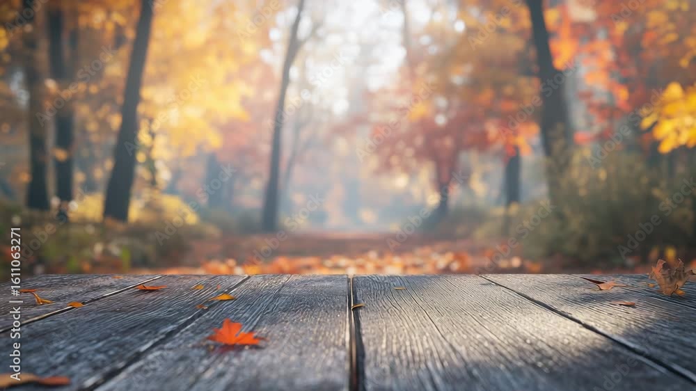 Autumn leaves scattered on wooden surface with blurred forest background warm sunlight creating peaceful cozy atmosphere in fall season nature background perfect for seasonal decor and nature lovers Autumn leaves scattered on wooden surface with blurred forest background warm sunlight creating peaceful cozy atmosphere in fall season nature background perfect for seasonal decor and nature lovers