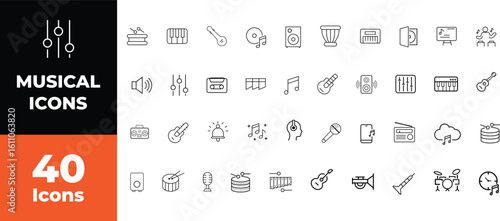 Musical Instruments icon set. Musical Icons: A comprehensive set of meticulously crafted musical icons, perfect for any creative project related to music, audio, or sound design
