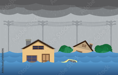 city ​​flood, rainstorm, flooding water in city street, vector design