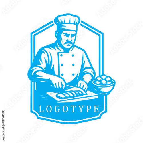 Elegant blue-and-white badge logo featuring a focused chef slicing meat with precision, evoking professionalism and culinary skill for bakso branding.