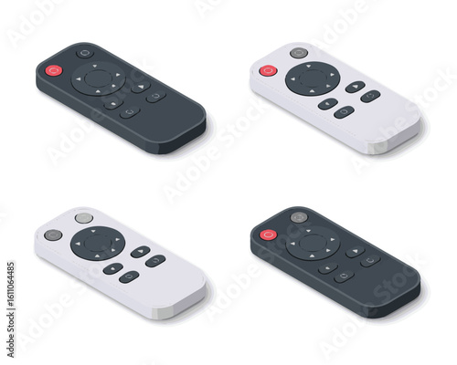 Set of Four Clean Isometric Remote Controls in Black and White