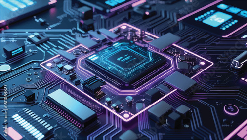 Futuristic circuit board with neon purple and cyan lights, featuring a central processor. Perfect for tech, cyber, and sci-fi design projects.